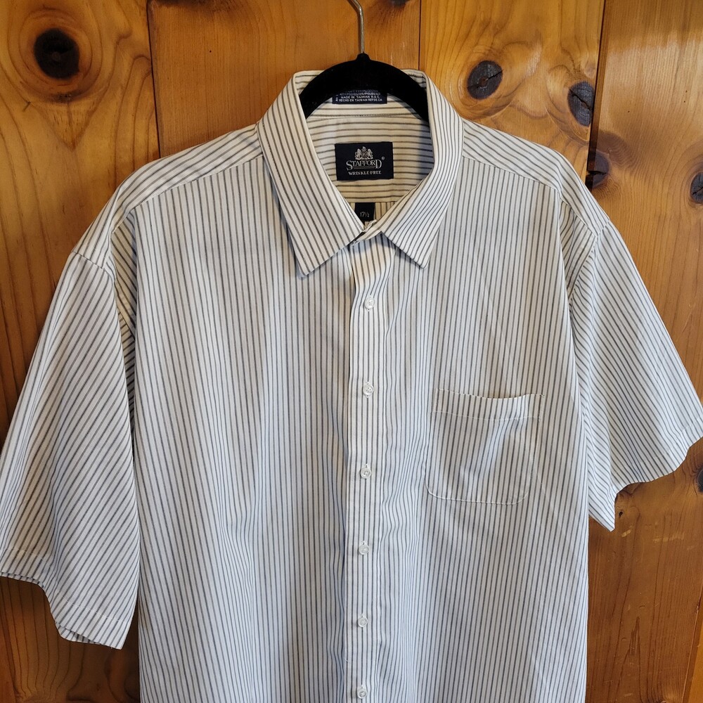 Stafford Wrinkle-Free Short Sleeve Shirt 17 1/2 White pin Stripes vintage 90s